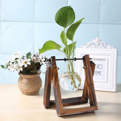 Glass and Wood Vase Planter Table Decor