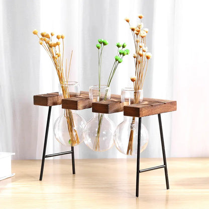 Glass and Wood Vase Planter Table Decor